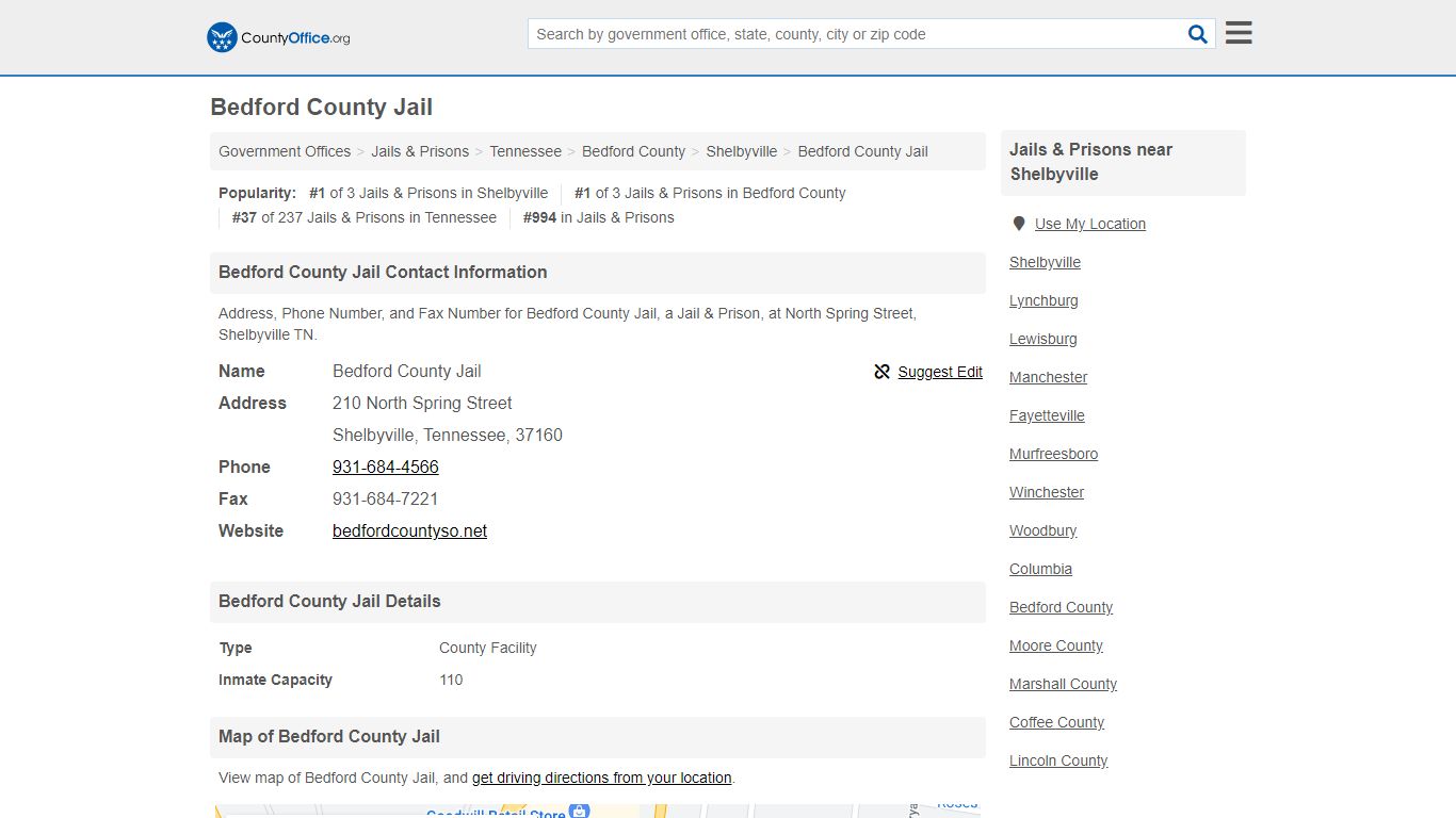 Bedford County Jail - Shelbyville, TN (Address, Phone, and Fax)